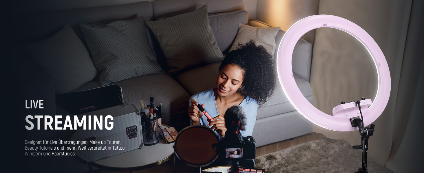 NEEWER Комплект кільцевого світла для фото та відео: 48 см, 52 Вт, регульоване LED світло, штатив, Bluetooth, рожевий (RP18B Pro)