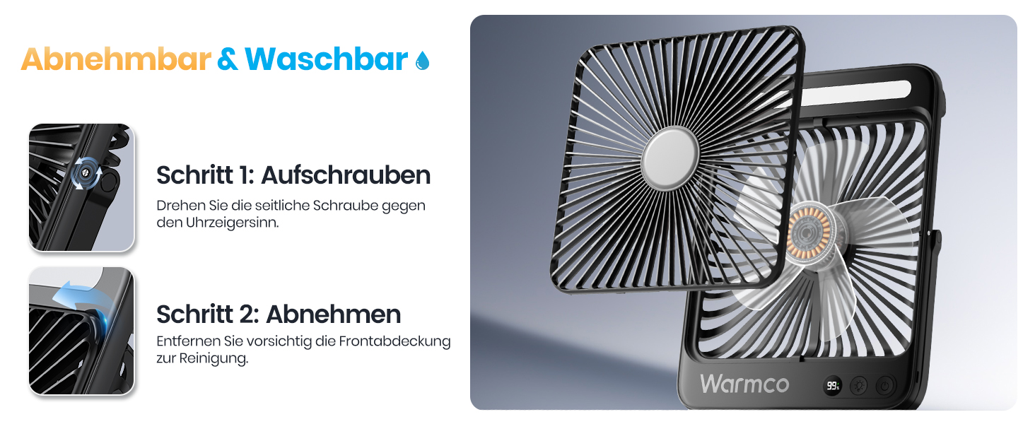 Вентилятор для кемпінгу Warmco 20000mAh з лампою та дисплеєм, 15-48 годин роботи, тихий, ультратонкий, з гачком, USB, чорний