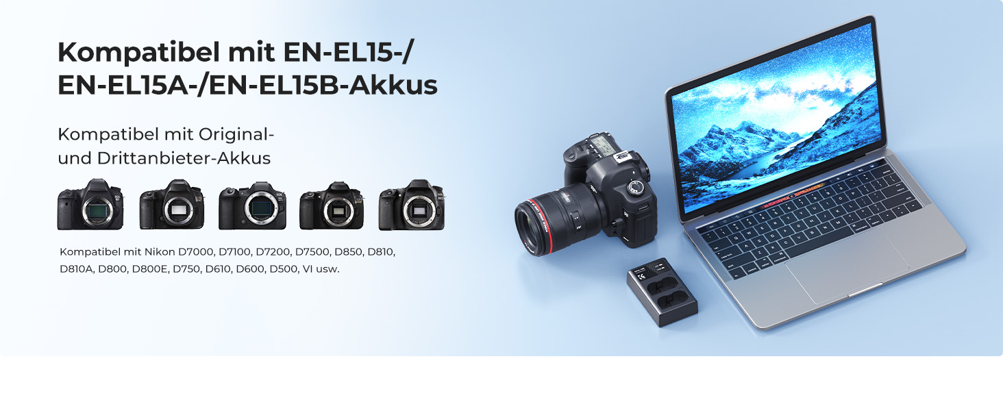 Зарядний пристрій для акумулятора Nikon EN-EL15/EN-EL15a/EN-EL15b з подвійним слотом K&F CONCEPT, Micro USB та Type-C, швидка зарядка для Nikon D7000, D7100, D7200, D750, D850, D810, D800, D800E, D610, D600, D500