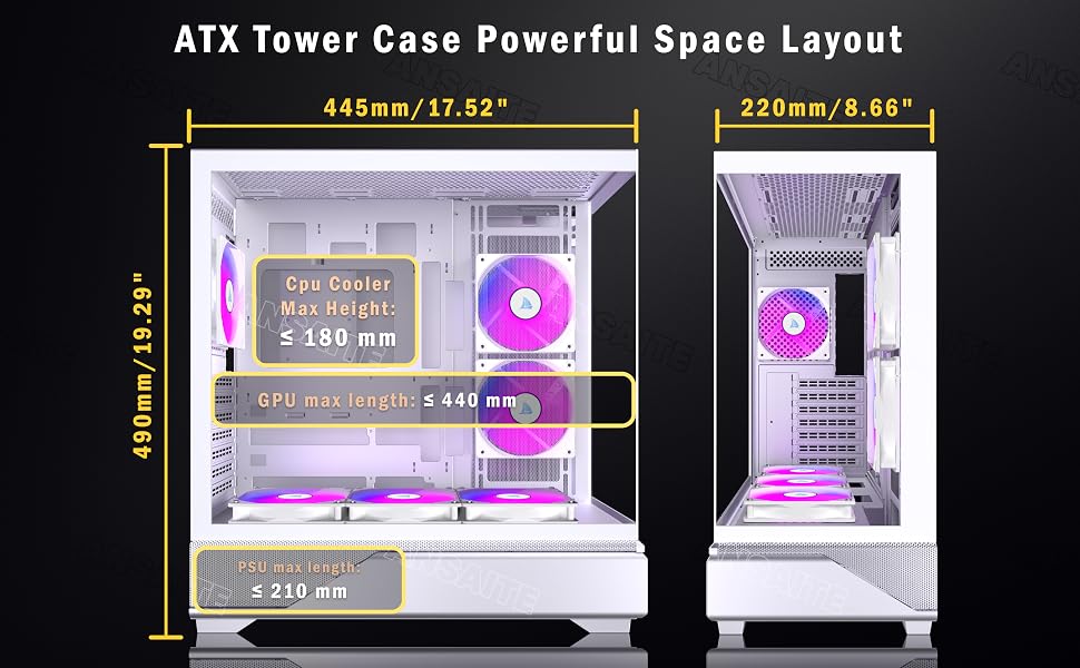 Ігровий корпус для ПК ANSAITE ATX Mid-Tower, 6 ARGB PWM вентиляторів, панорамне загартоване скло, USB Type-C, підтримка радіатора 360мм, Чорний