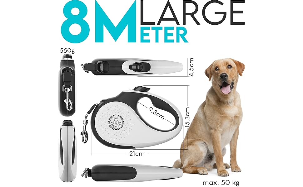 Витяжна поводок для собак HUND IST KÖNIG 8м для малих та великих собак | Міцний поводок до 50кг | Білий/Чорний