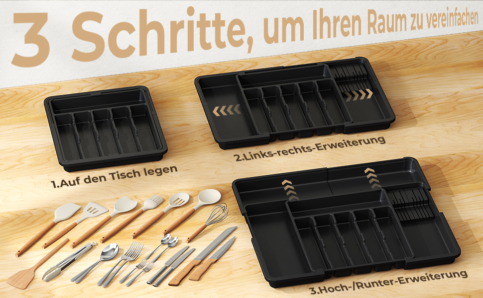 Органайзер для столових приборів в шухляду, розширюваний, 6-9 відділень, з 2 знімними блоками для ножів, чорний