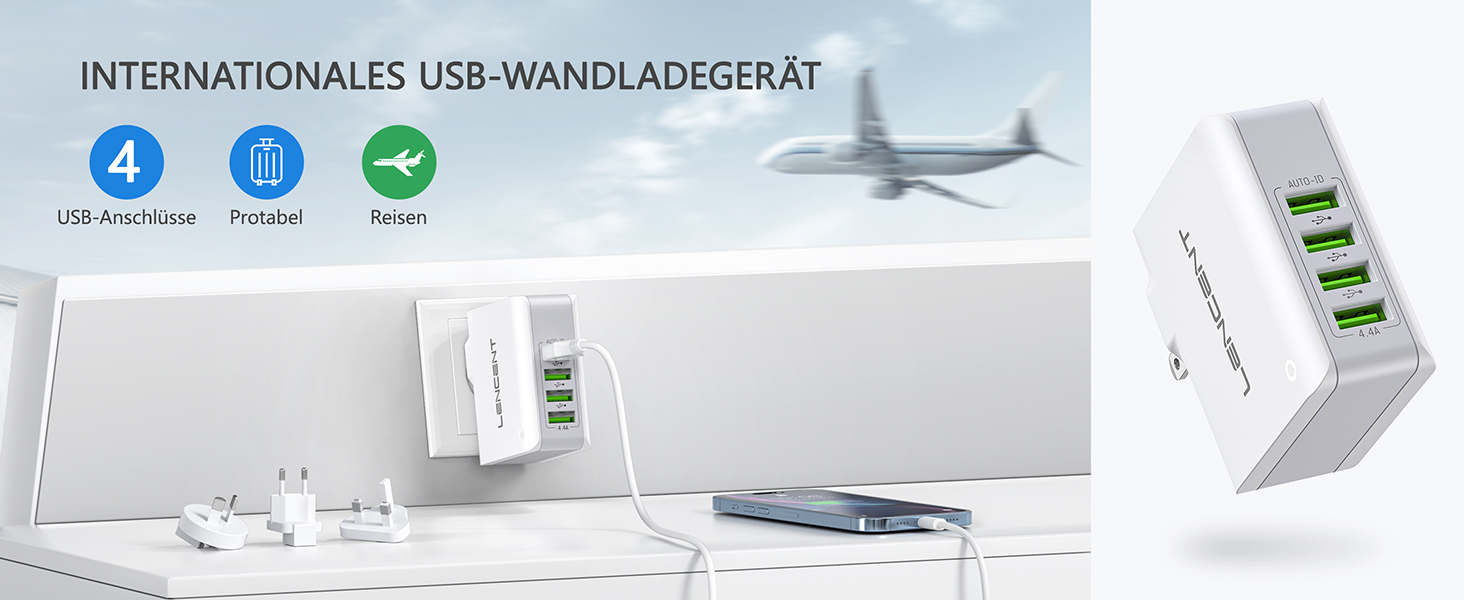 Універсальний адаптер LENCENT з USB-зарядкою 4 в 1, 22W (EU/US/UK/AU) для мобільних пристроїв