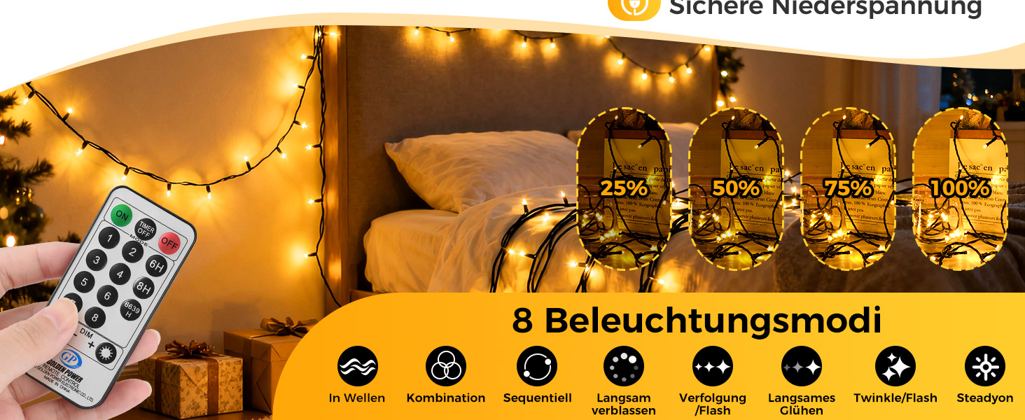 LED гірлянда для прикраси ялинки та декору на балкон/сад: 15м + 5м, 150 LED, тепле біле світло, таймер, пульт, 8 режимів