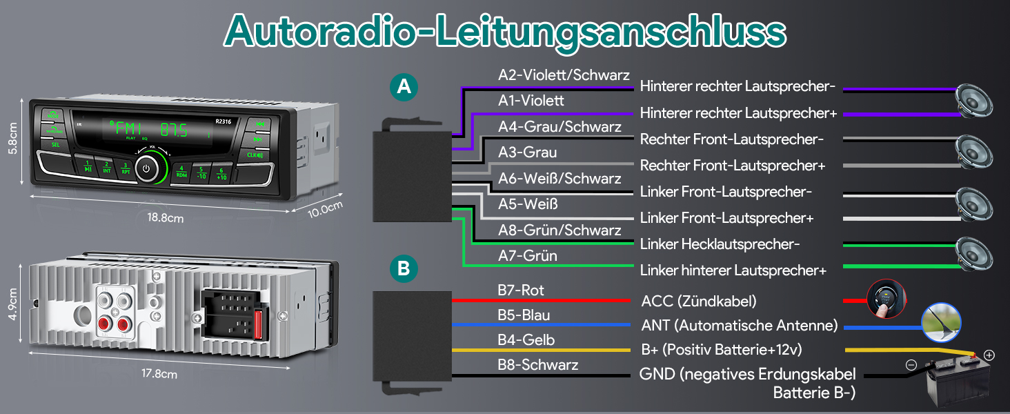 Автомобільна магнітола Wistrue 1DIN з Bluetooth, RDS, FM/AM, USB, AUX, SD, MP3, підсвічування 7 кольорів, для iOS та Android