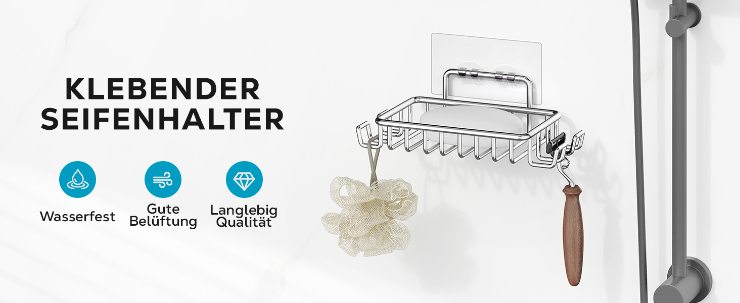 Тримач для мила з нержавіючої сталі з 4 гачками та зливом, самоклеючий, для душу та ванної кімнати (срібний)