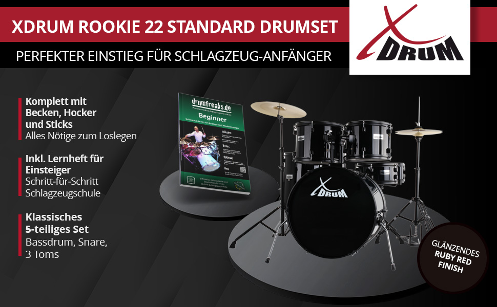 XDrum Rookie 22' барабанний комплект Standard Black - ідеальний для початківців, стильна фурнітура, з паличками 5B, інструкцією та школою барабанщиків