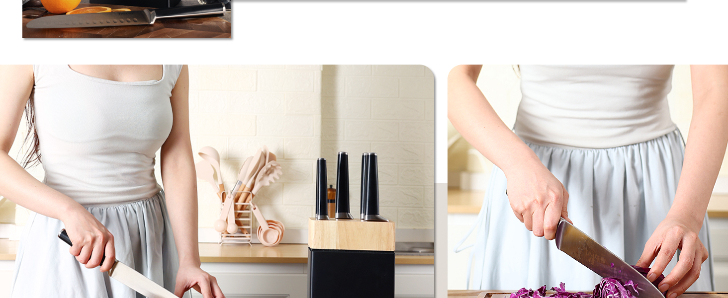 Набір ножів Hecef з підставкою 7 предметів, чорний – кухонні ножі з кованого нержавіючого сталевого леза, повний ергономічний руків'я з подвійним болстером, ергономічний дизайн, нагорода Red Dot Design Award, економія місця, ідеальний подарунок для кухні