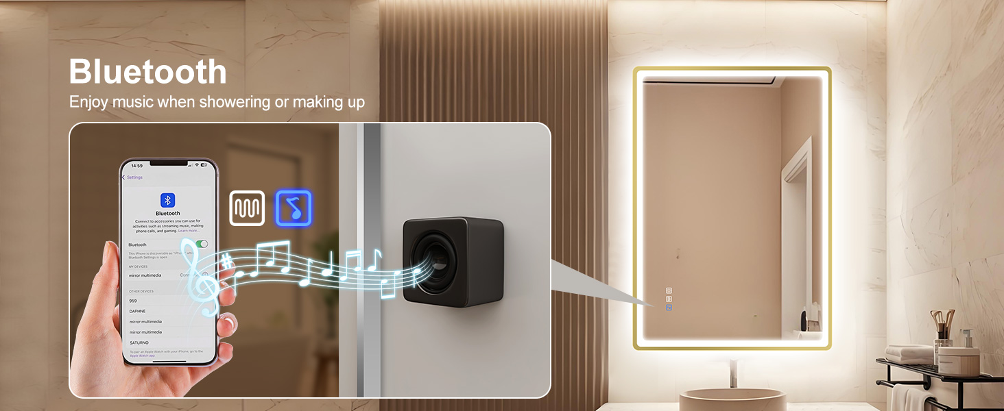 Дзеркало для ванної кімнати зі світлодіодним підсвічуванням STARLEAD 80x60 см, Bluetooth, протитуманне, регульоване, 3 кольори світла, HD скло, IP44, горизонтальне/вертикальне