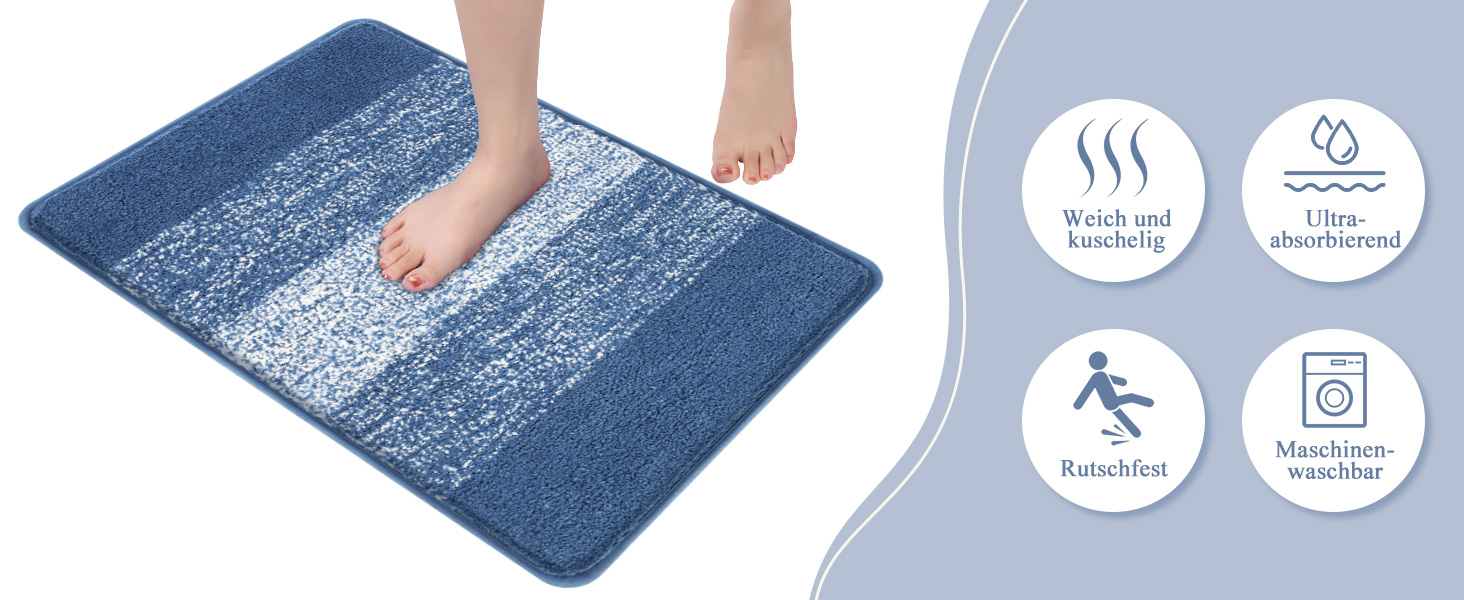 Enyhom 4-Piece Microfiber Bath Mat Set - Non-Slip Bathroom Rugs & Toilet Lid Cover (Blue, 45x65cm, 45x120cm, 50x60cm, 48x53cm)