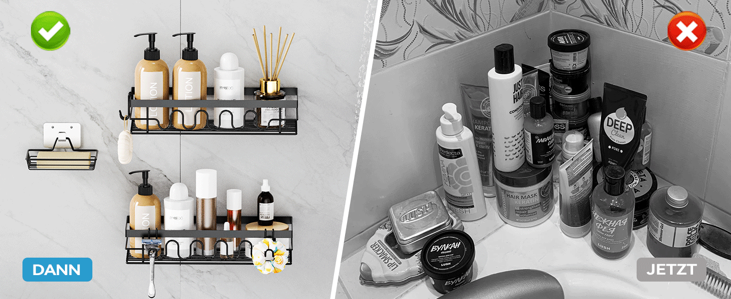 Поличка для душу без свердління, 3-секційний органайзер для душу з регульованими кошиками, нержавіюча сталь - Максимальний простір для зберігання з мильницею та 3 гачками для душу, ванної, кухні, балкону - Підставка для душу без свердління