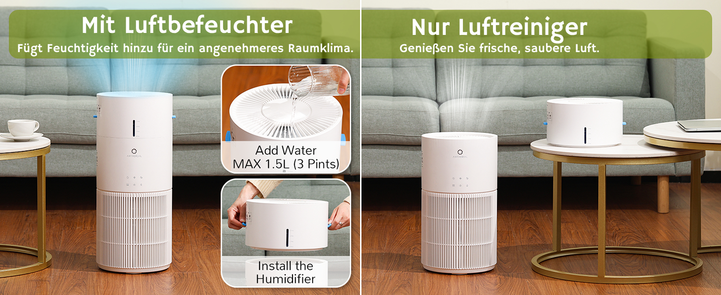 Повітряочищувач та зволожувач Airthereal AEH300: 2-в-1, до 125 м², 3-ступенева фільтрація, індикатор якості повітря, нічний режим, автоматичне зволоження