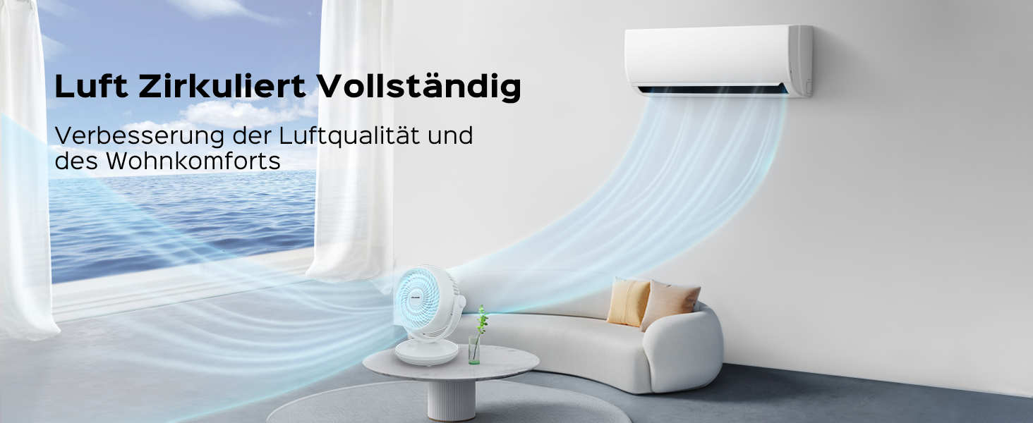 Вентилятор Acoolir тихий 24dB з двома осями обертання, 3 швидкості, компактний для спальні, офісу, вітальні, білий-сірий