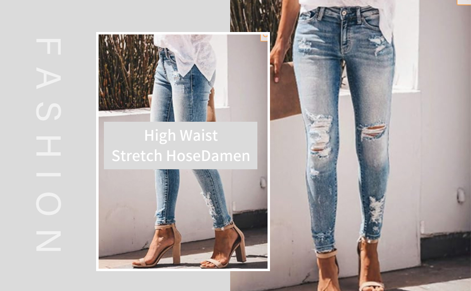 Джинси жіночі стрейч Slim з потертостями та високою талією, блакитні. Модні вузькі джинси Streetwear