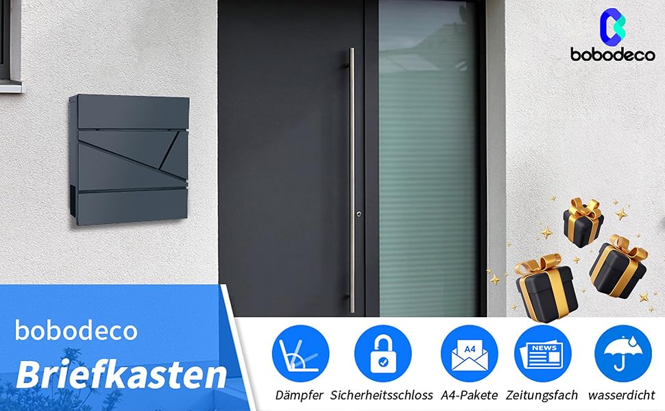 Поштовий ящик Bobodeco Dreispitz антрацит RAL 7016 з оглядовим вікном та газетницею, замок