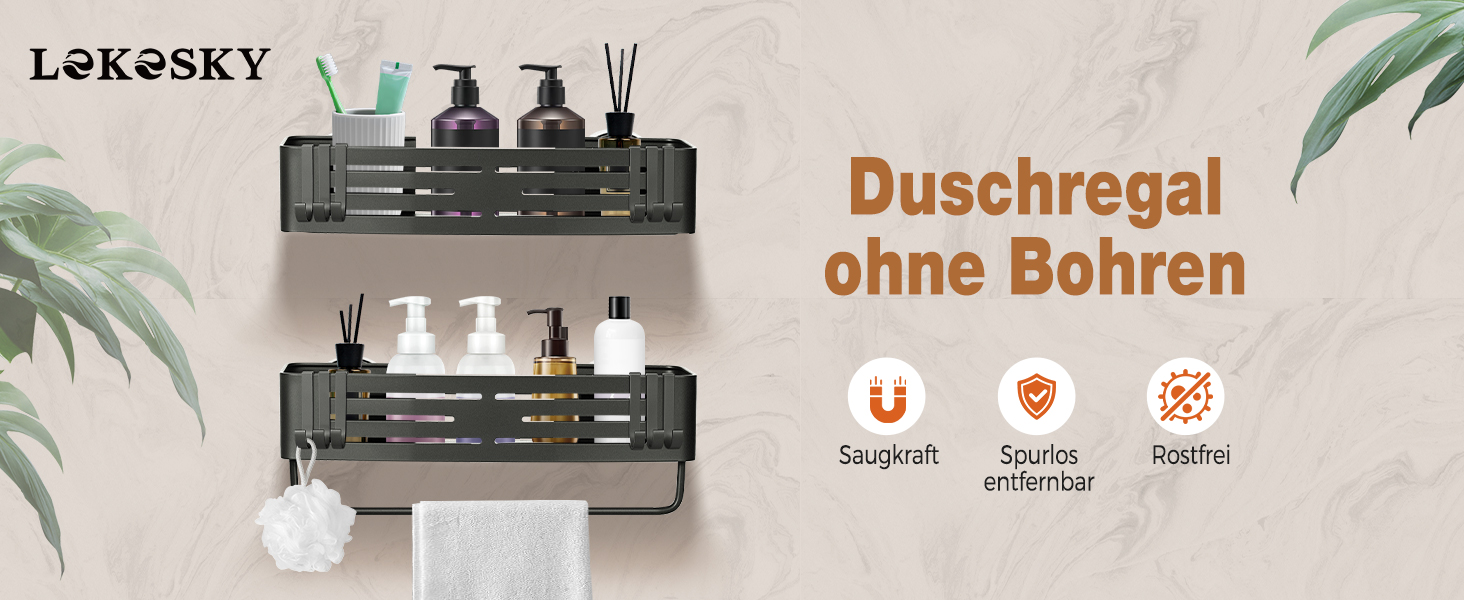 Поличка для душу Lekesky без свердління, кутова, з міцними присосками, алюміній, нержавіюча сталь, знімна, для ванної кімнати, кухні, орендованого житла (2 шт., сірий gunmetal з тримачем для рушників, прямокутна)