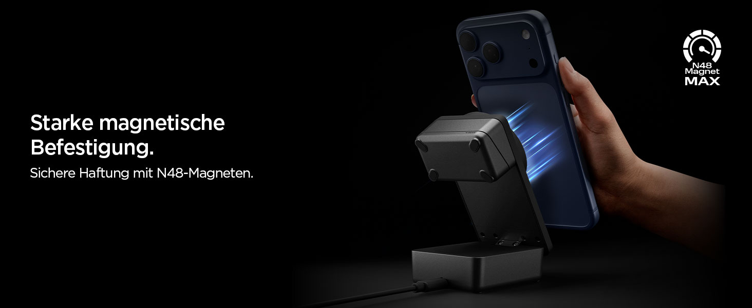 Зарядна станція Spigen Essential Qi2.2 25W 3-в-1 MagSafe для iPhone 17/16 Pro Max, Pixel 10 Pro, AirPods, Samsung Galaxy S26 Ultra - Чорна + USB-C кабель 2м