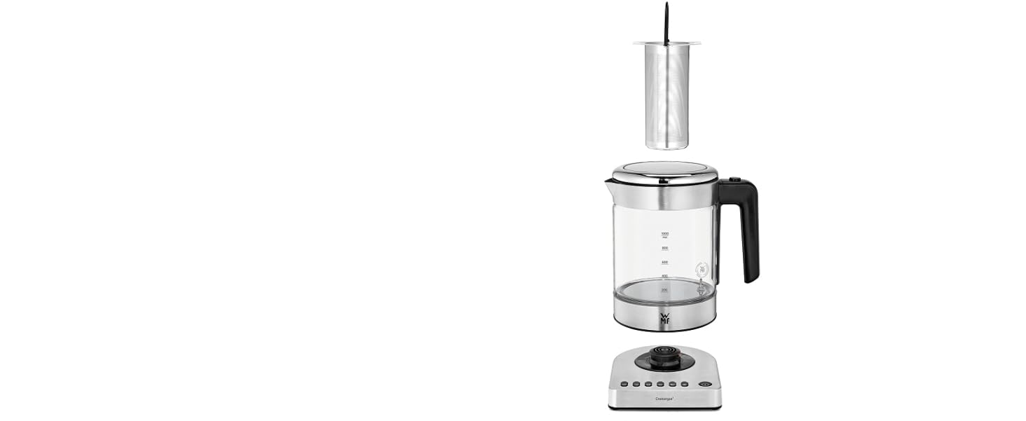 WMF 2-in-1 Variable Temperature Kettle - 1.0L, 1900W Glass Teakettle with Tea Bag Holder & Infuser - Single Serve