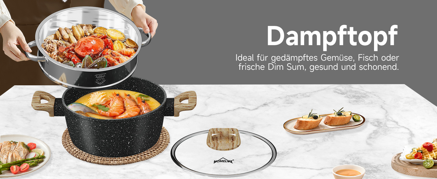 Набір посуду HOMELUX Induktion: 12 предметів, алюміній, антипригарне покриття, з кришками, без PFOA/PFOS, чорний