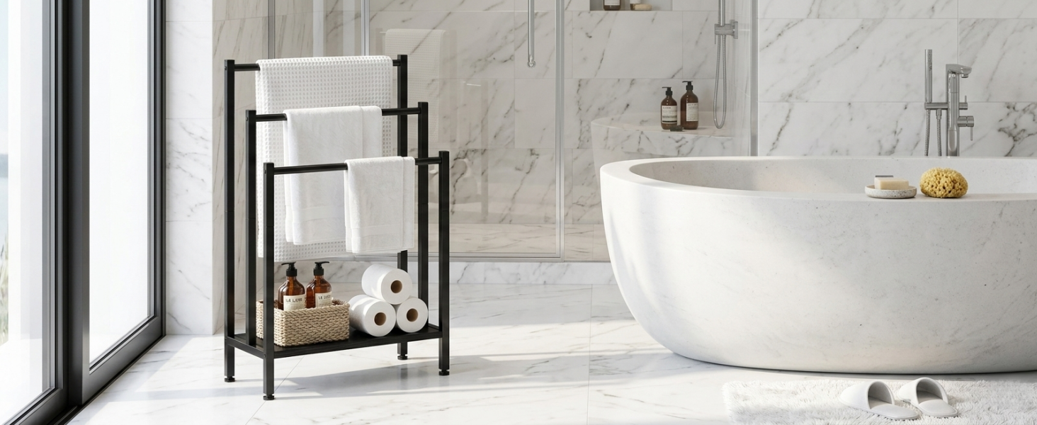 Підставка для рушників підлогова металева, рушниківець freestanding на 3 стріжні, чорний — для ванної кімнати, вітальні та спальні