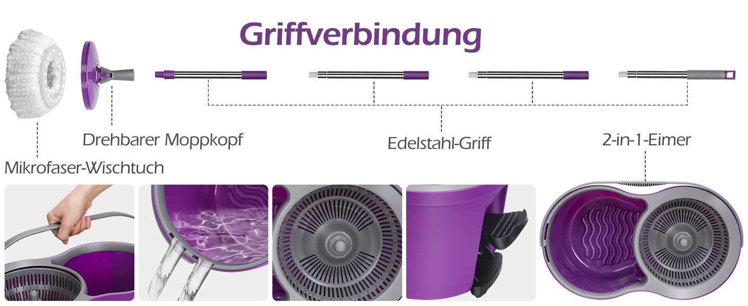 MASTERTOP Набір для миття підлоги з відром, моп з нержавіючою сталею та 3 мікрофібровими накладками, професійний набір для миття підлоги з відром та функцією віджиму - фіолетовий