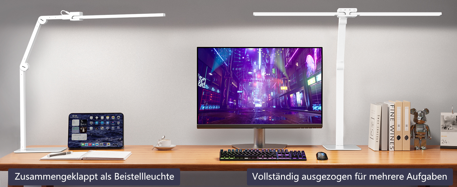 LED настільна лампа KableRika з двома головками: 24W, регулювання яскравості, захист очей, для офісу та дому, сучасне освітлення монітора, білий колір