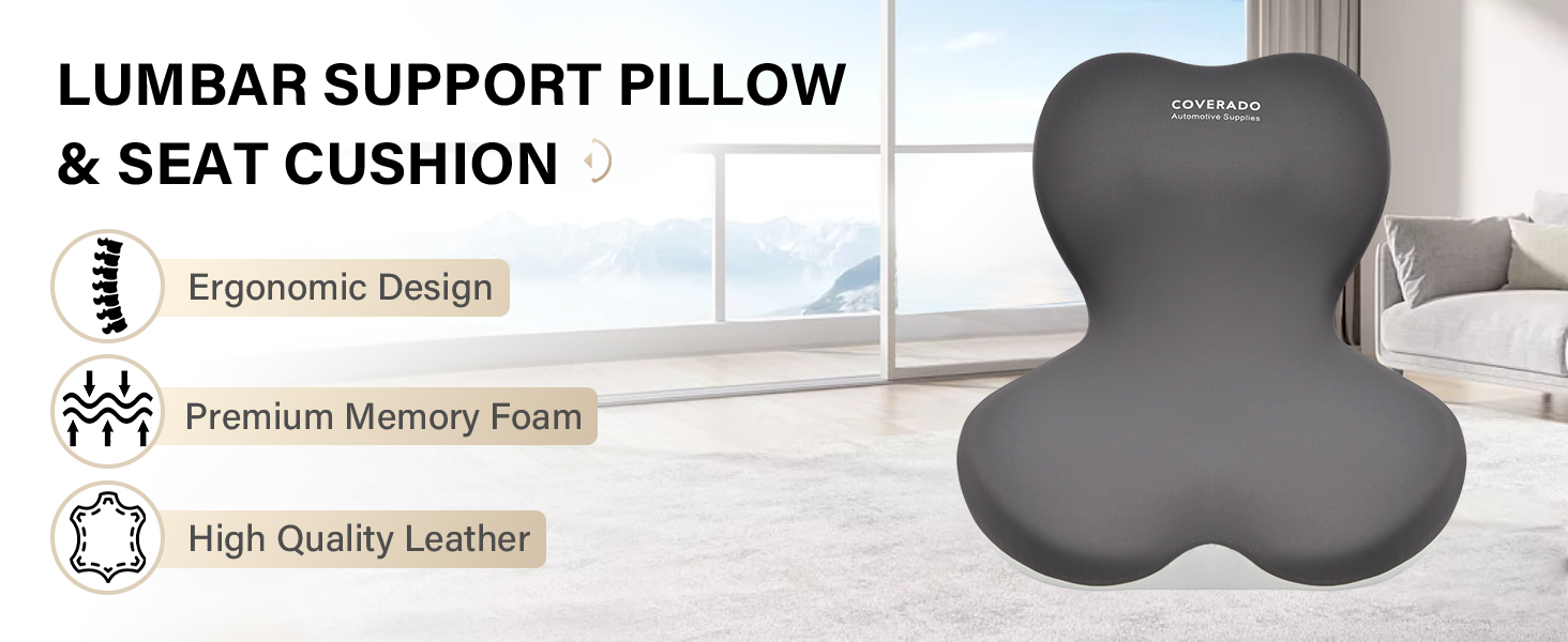 Подушка для сидіння та підтримки попереку Coverado, ергономічна подушка з memory foam для офісного крісла та авто, сірого кольору, L-подібної форми, для полегшення болю в попереку, сідниці та куприку
