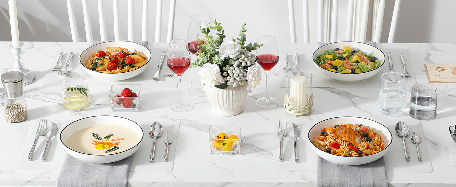 MALACASA Набір посуду 6 предметів: тарілки для пасти, супу, салату, сервірування. Глибокі тарілки для спагеті, велика супова миска. 1250 мл, білий з чорним обідком.
