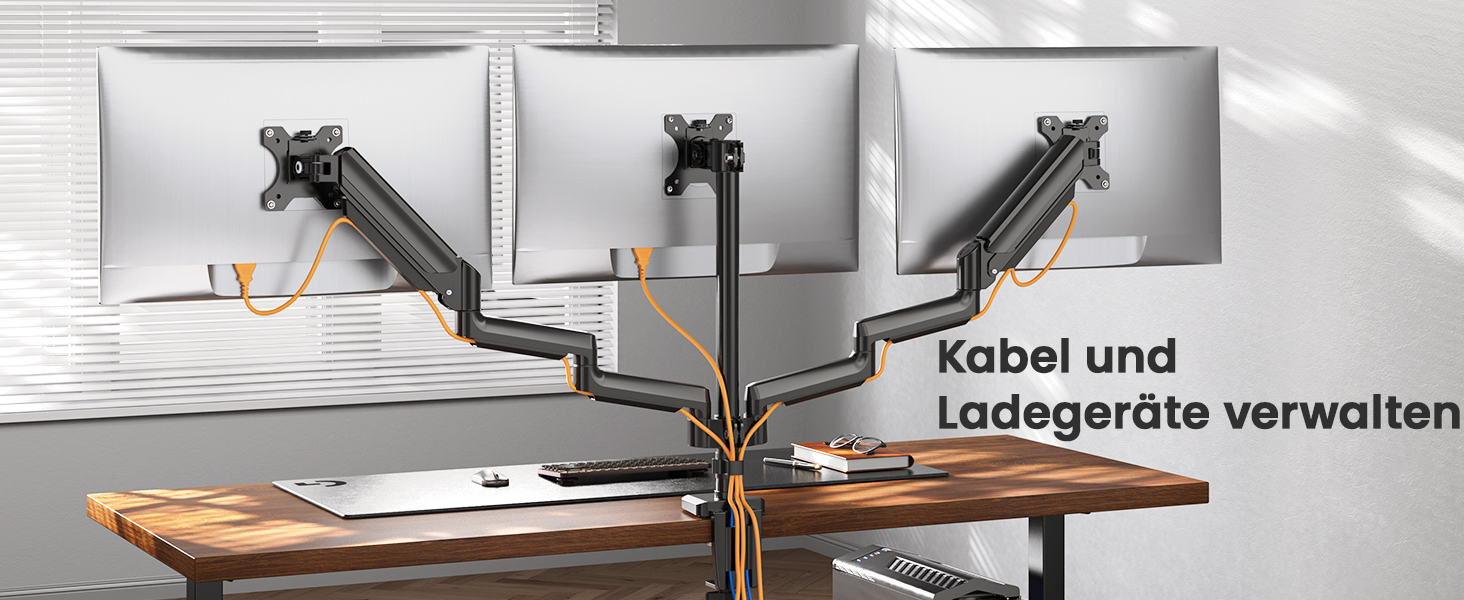 Кронштейн для 3 моніторів ErGear (13-27 дюймів), тримач для екранів з 2 USB-портами, VESA 75/100, навантаження до 8 кг на руку, чорний