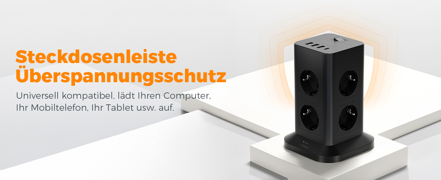 Многофункціональна мережева розетка TESSAN з 8 розеток, USB-C, захистом від перенапруги, вимикачем та кабелем 2м (3600W)