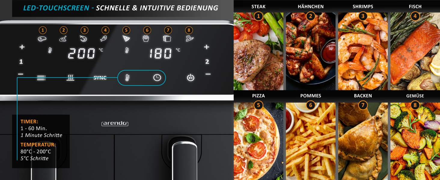 Арендо - Фритюрниця повітряна подвійна з 2 камерами, XXL об'єм, 2700 Вт, Airfryer, нержавіюча сталь, сенсорний дисплей, 3D циркуляція повітря, антипригарне покриття, без PFAS