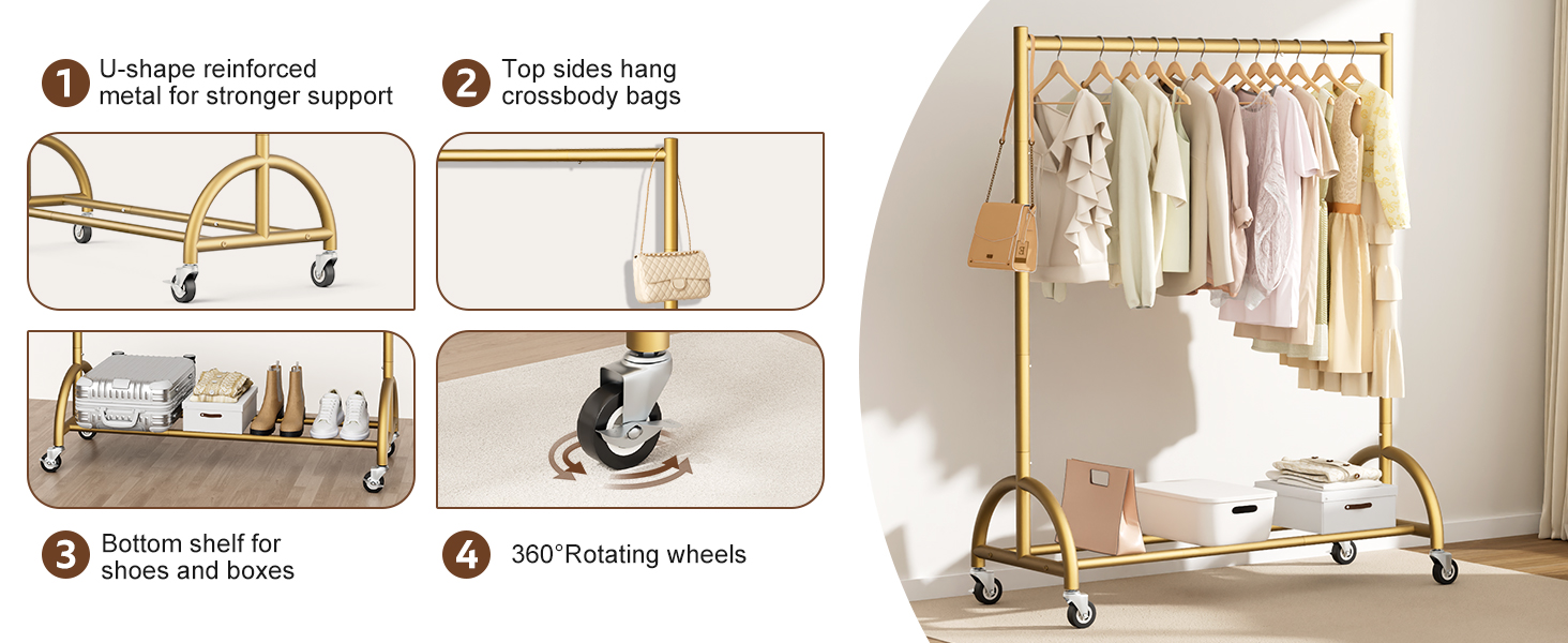 Міцний вішак для одягу на коліщатках MISSLO для спальні, металевий, золотий - мобільна вішалка для одягу, пальто