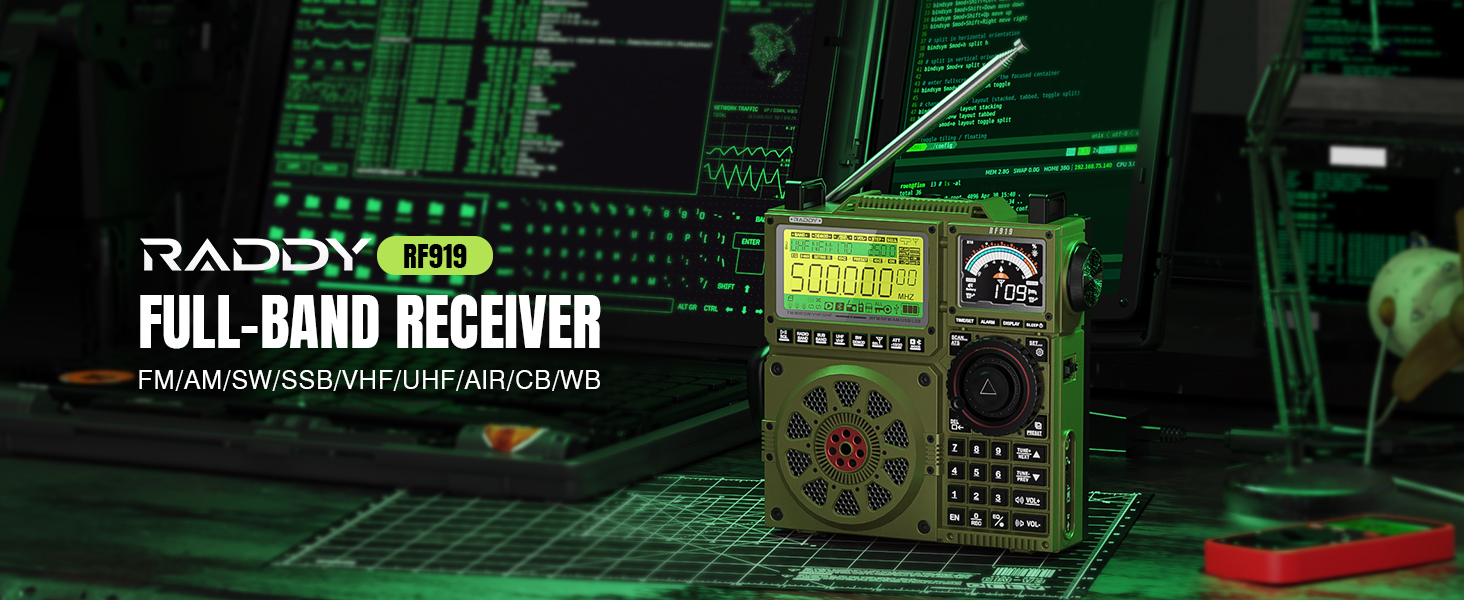 Радіоприймач Raddy RF919 SSB: FM/AM/SW/VHF/UHF/AIR/CB, SSB, з тюнером, 3 роз'єми для антен, 5000mAh, навушник (зелений)