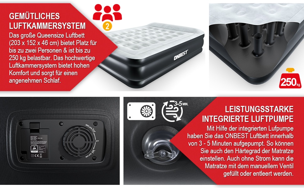 Надувне ліжко самонадувне для 2 осіб - 203 x 152 x 46 см - з електричним насосом - надувне ліжко для гостей, надувається за 3-5 хвилин - вбудована подушка (Чорний)