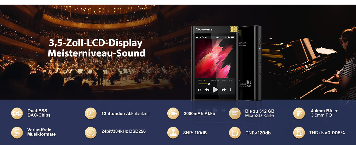 Surfans HiFi Bluetooth MP3 плеєр F28: портативний музичний плеєр з Hi-Res аудіо, 64GB, підтримка до 512GB, 3.5