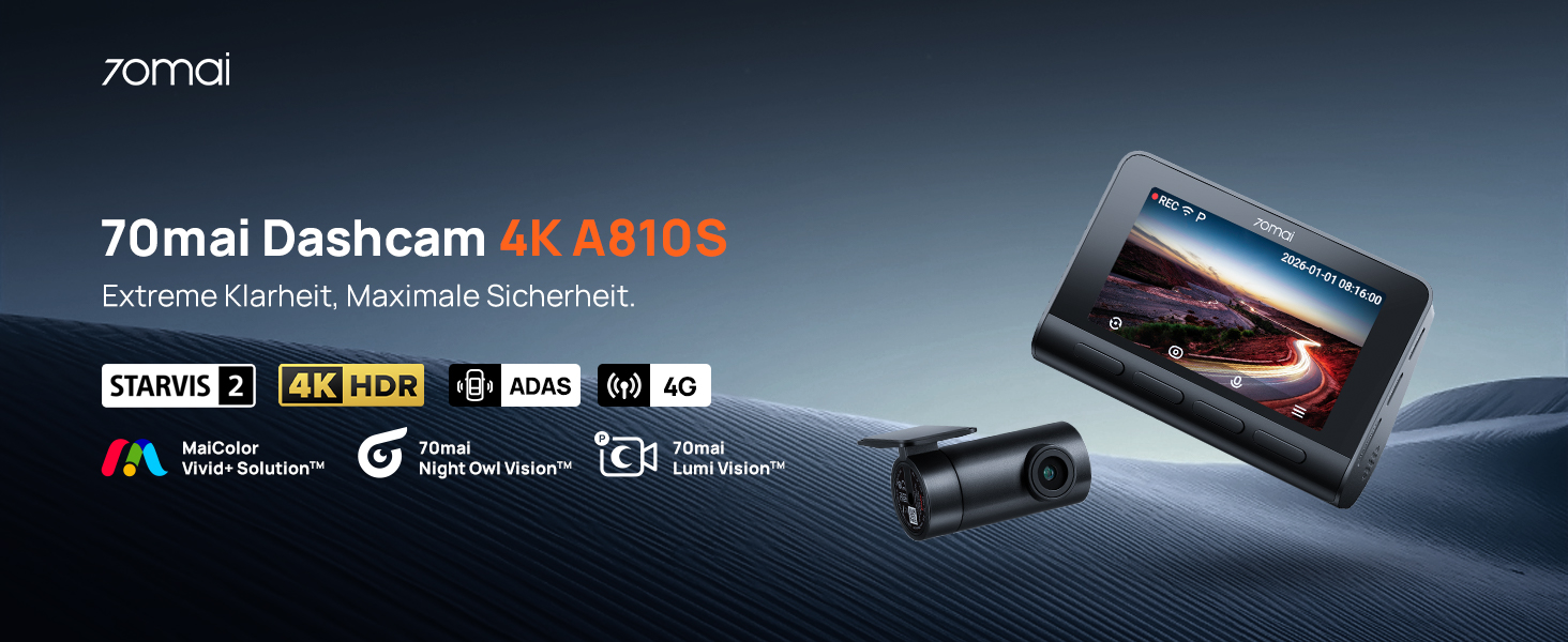 Автомобільний відеореєстратор 70mai A810S 4K HDR Dual Dashcam (передня та задня камери), Sony STARVIS 2 IMX678, Night Owl Vision, 4G LTE, ADAS, паркування 24/7, WiFi, 128GB Micro SD