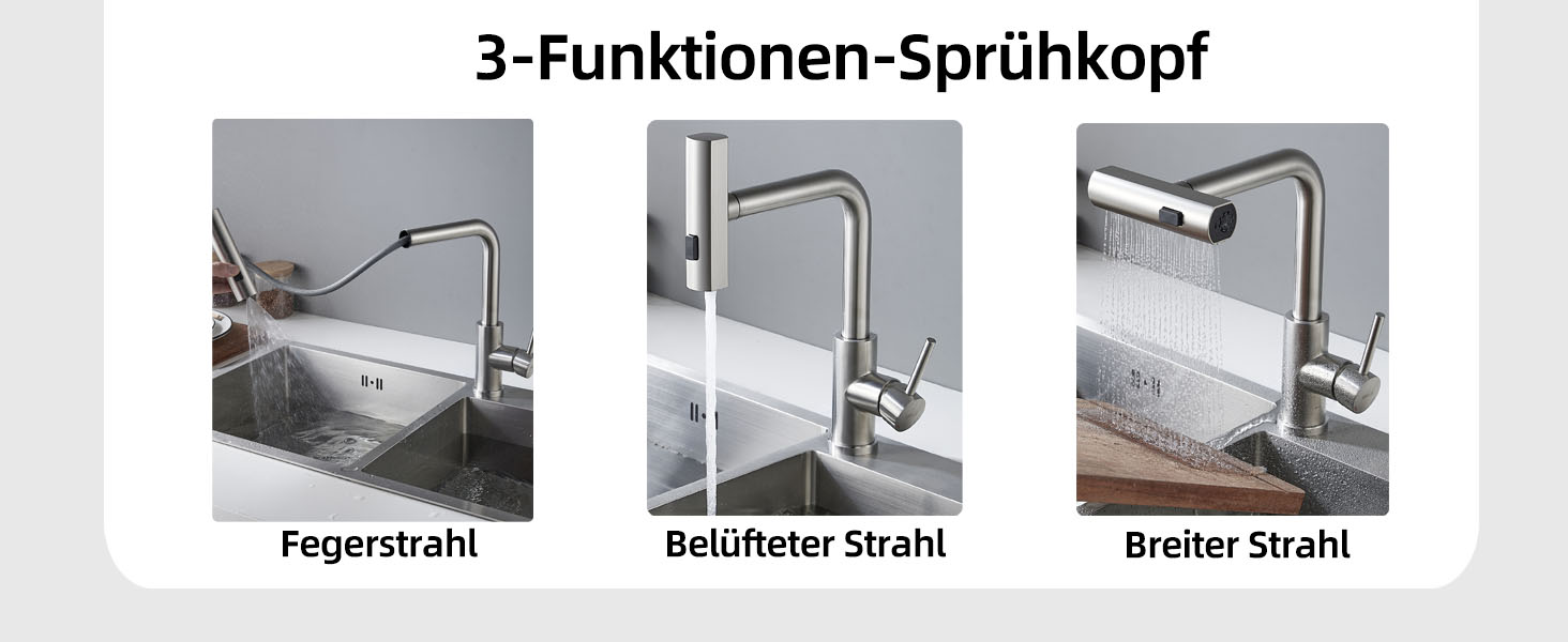 Змішувач для кухні BELZ з висувною лійкою, 3 режими, поворотний на 360°, нержавіюча сталь SUS304, матовий нікель