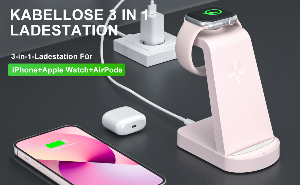 Бездротова зарядка 3 в 1 з адаптером 18W, сумісна з iPhone, Apple Watch, AirPods (Рожева)