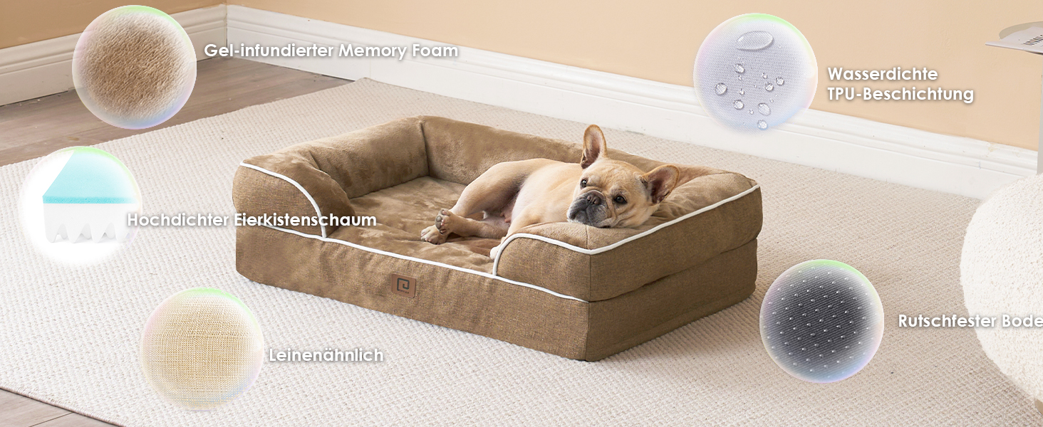 Ортопедичне ліжко для собак EHEYCIGA, 76x51 см, Memory Foam, для собак середніх та маленьких порід, з високим бортиком, водонепроникне, неслизьке, Kamel