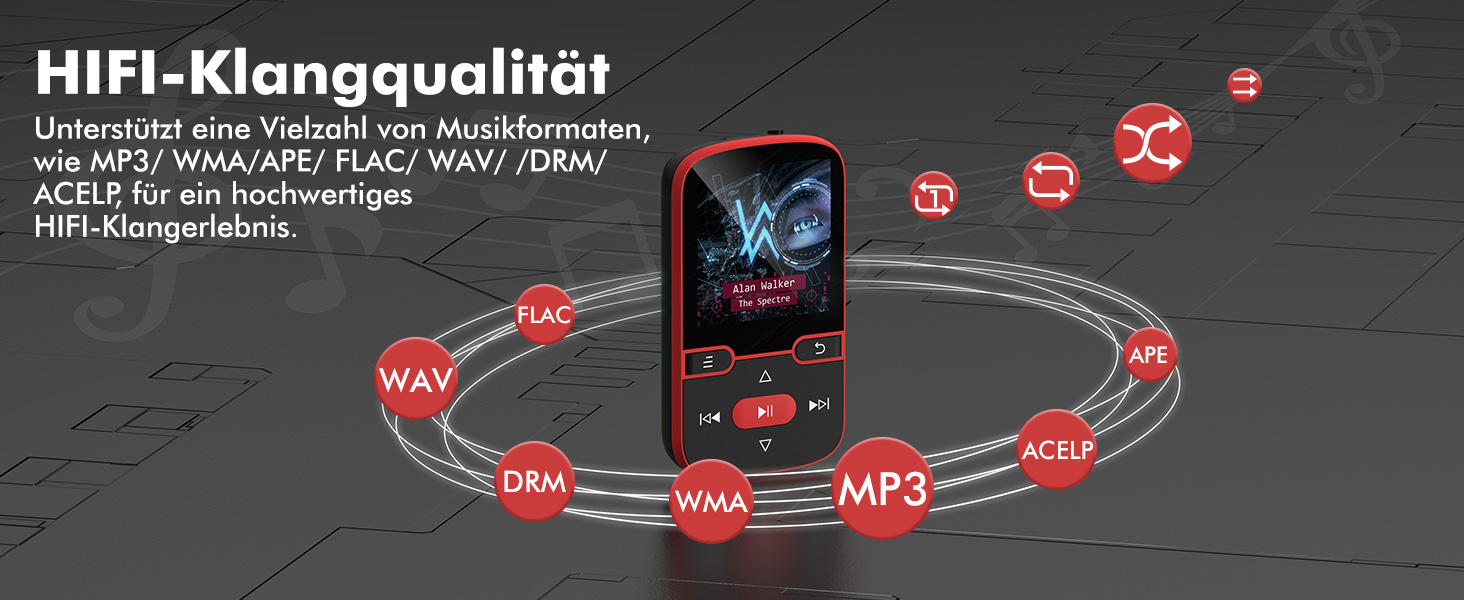 MP3 плеєр 64GB Bluetooth 5.3 з кліпсою, Hi-Fi, для спорту, з FM-радіо, диктофоном, крокоміром, підтримка картки до 128GB, червоний