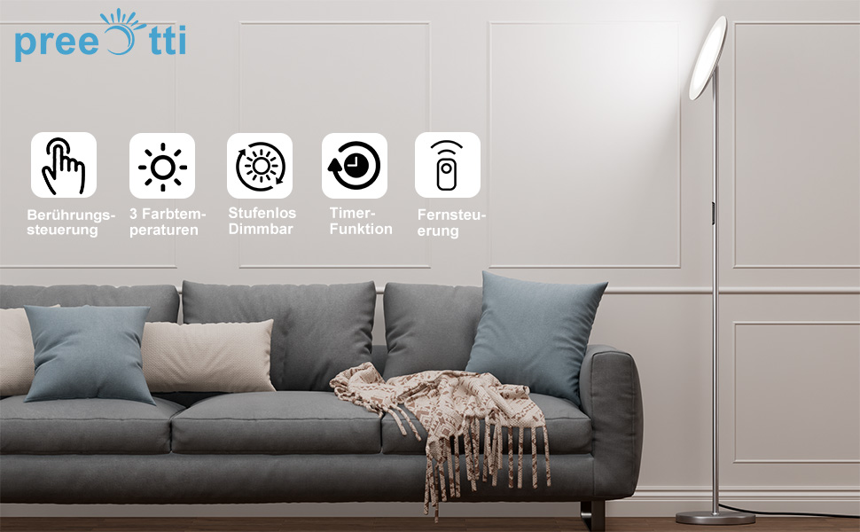 LED-стельова лампа PreeOtti для вітальні, диммування, 36W, з пультом та сенсором, 3 колірні температури (чорний/сріблястий)
