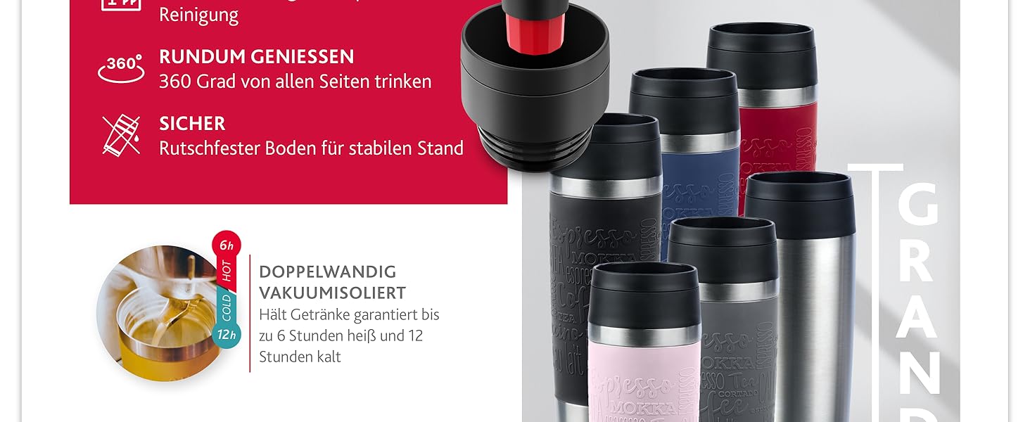 Термокружка Emsa N20220 Travel Mug Classic, 0.5 л, нержавіюча сталь, чорна, з кришкою Comfort-Verschluss, 6 год гаряча, 12 год холодна, 100% герметична, для подорожей