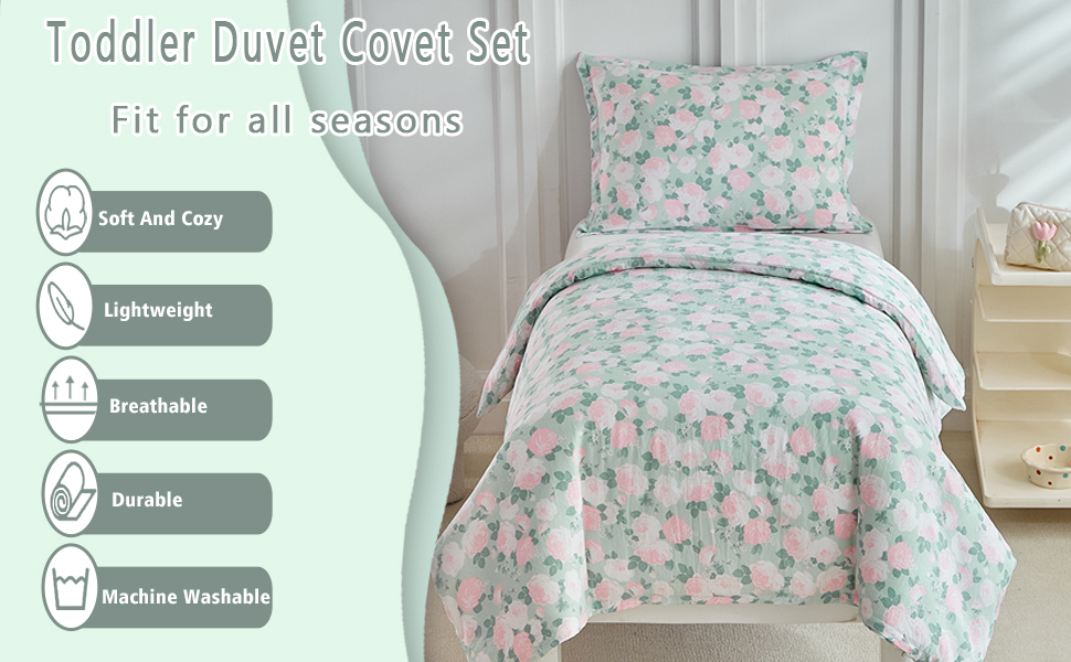 Комплект постільної білизни для дитячого ліжечка, зелений квітковий принт, 120x150 см. М'який двосторонній комплект з ковдрою та подушкою для дівчинки