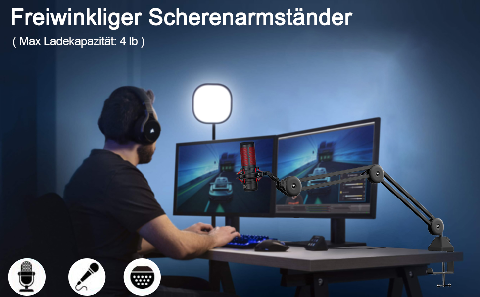 Кріплення для мікрофона на подовжувачі, регульоване, чорне. Сумісне з Blue Yeti, HyperX QuadCast. З адаптером 3/8' - 5/8'.