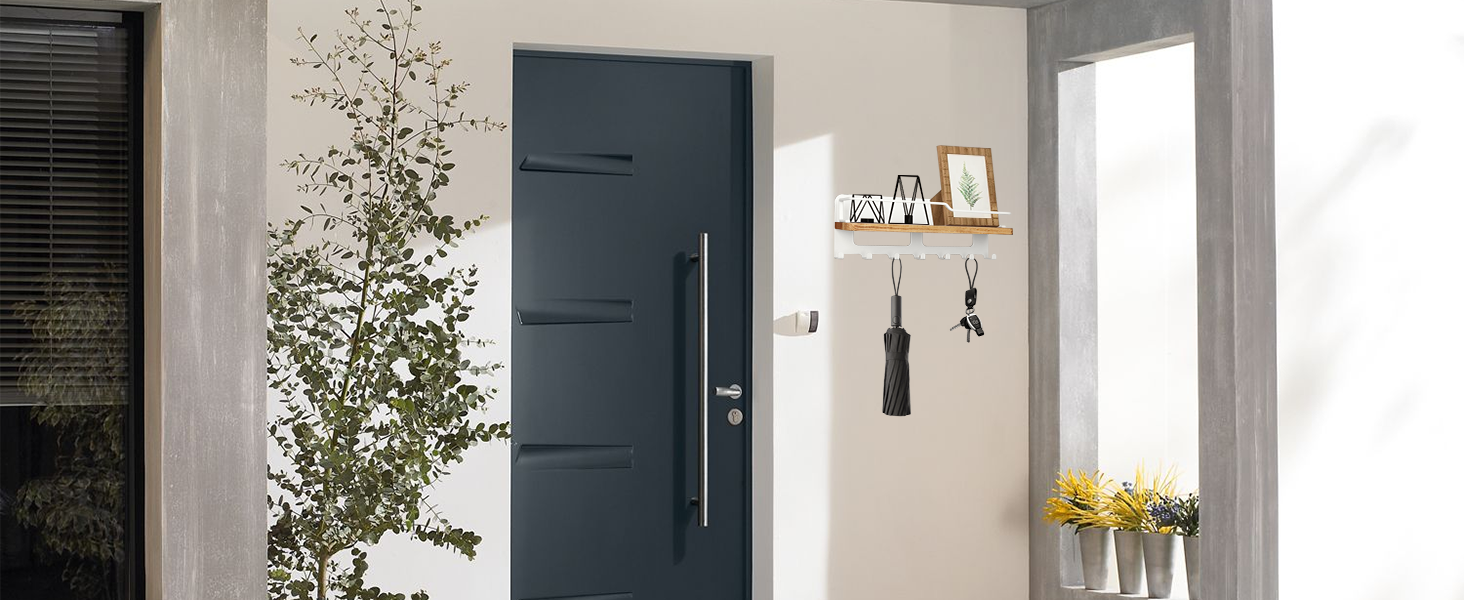 Дерев'яне ключове дошка JiangLin з полицею, декоративний тримач для ключів, настінна ключниця з 7 гачками, для входу, коридору, вітальні (білий)