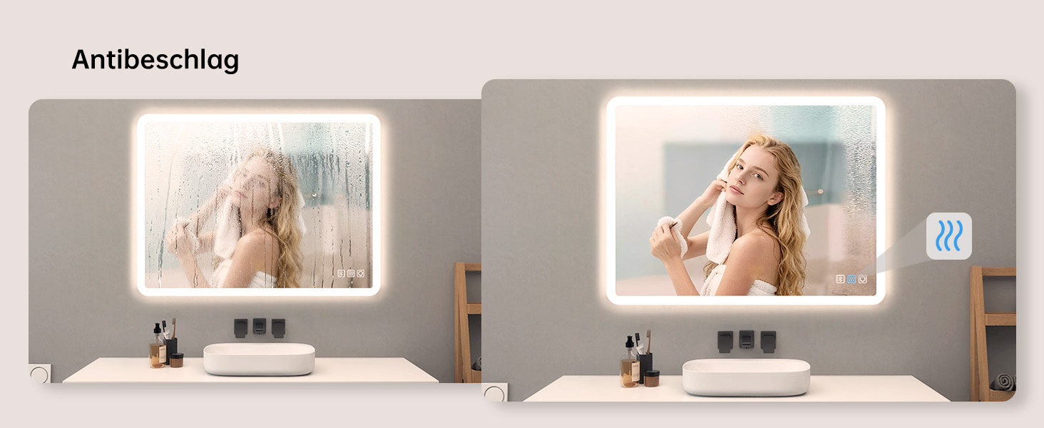 MIQU LED дзеркало для ванної кімнати з підсвічуванням 60x50 см, велике дзеркало для ванної кімнати з сенсорним регулюванням, тепле/біле світло, антизапар, настінне дзеркало для ванної кімнати, туалету, коридору, прямокутне з округлими кутами (3 кольори світла + Bluetooth + розетка, 60L x 80B см)