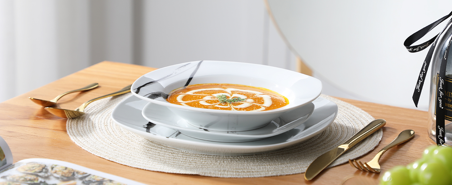 Набір посуду VEWEET FIONA (30 предметів): тарілки та миски для 4 осіб, чорно-сі лінії, для вечері, безпечний у мікрохвильовці та посудомийній машині