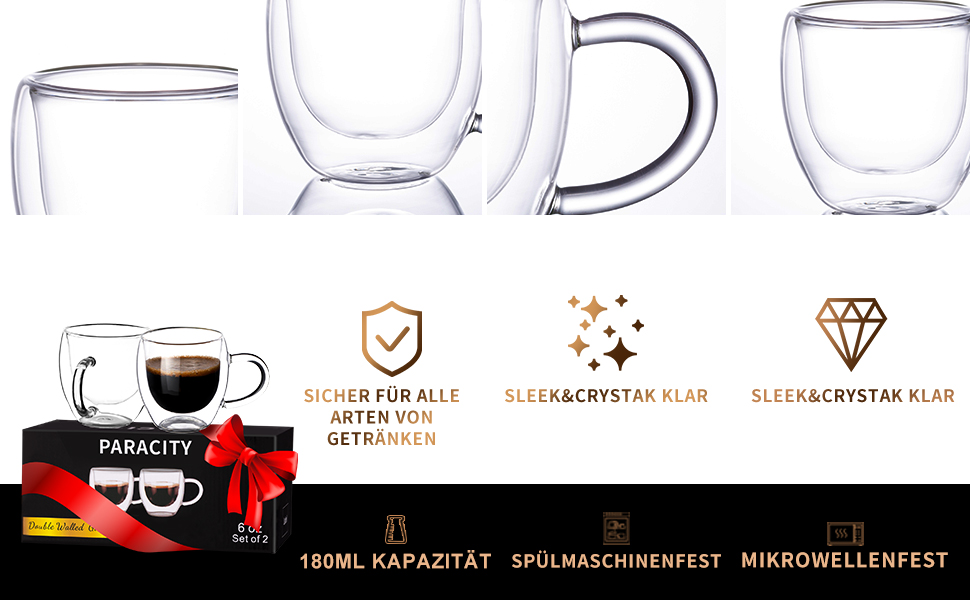 Набір чашок для еспресо ParaCity (2 шт.), 180 мл, з подвійним ізоляцією, для капучино/лате/кави/чаю, з ручкою, прозорі, для подорожей та кемпінгу