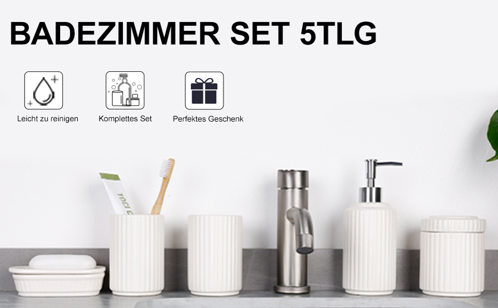 Набір для ванної кімнати NOVAJOY (5 предметів) – керамічний органайзер, мильниця, дозатор для мила, тримач для зубних щіток, контейнер для ватних паличок, бежевий