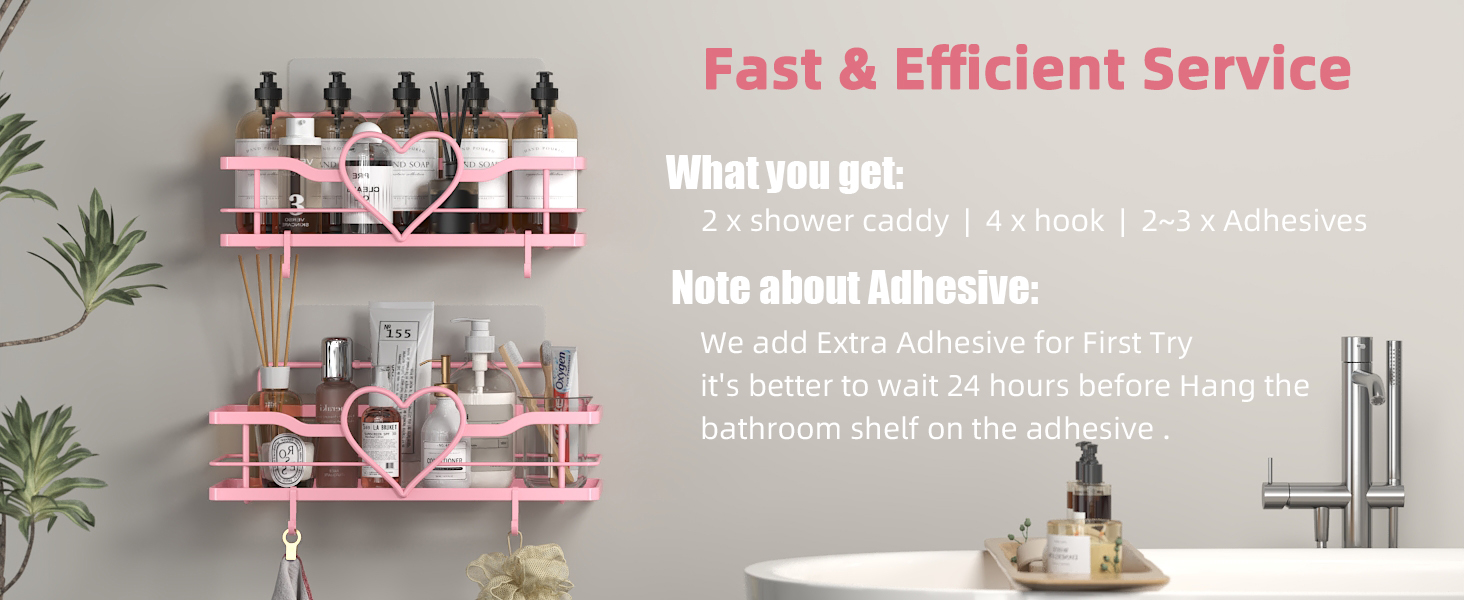Двостороння поличка для душу без свердління, рожева, з 4 гачками, 11.5 см - органайзер для шампуню та мила